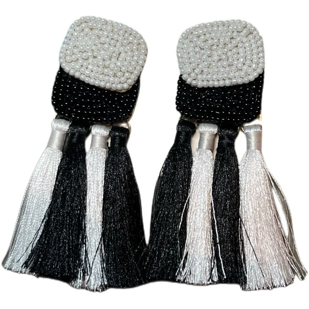 Mud Pie Women's Beaded Black & White Tassel Earrings-Pierced/Hypoallergenic NWT